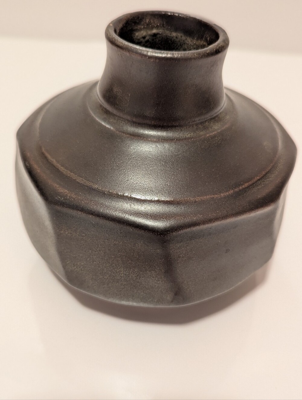 Studio Pottery Dark Brown Moss Green Geometric Stoneware Bud Ceramic Vase